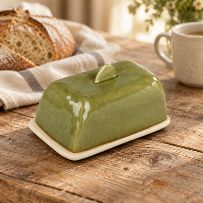 Olive green butter dish on a rustic breakfast table