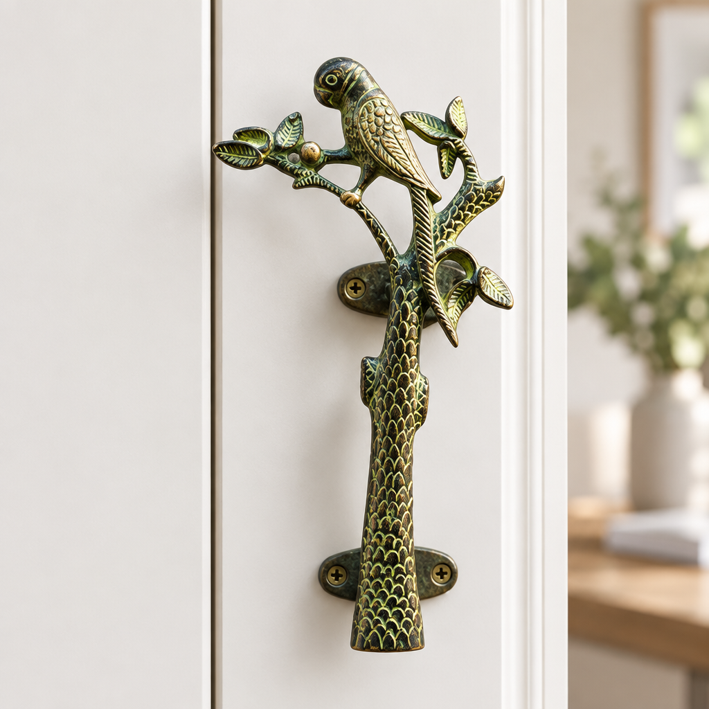 Olive Green left-facing parrot handle on a modern cabinet