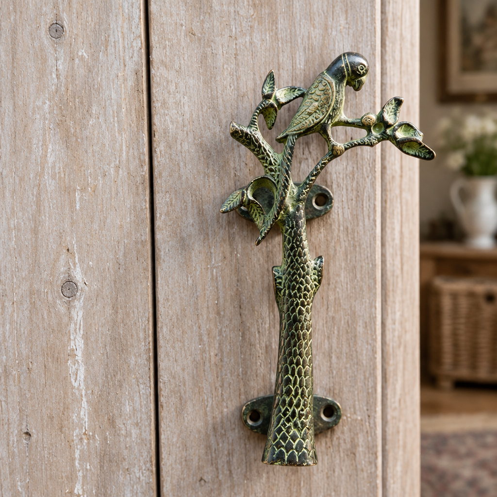 Olive Green right-facing parrot handle on a rustic wardrobe