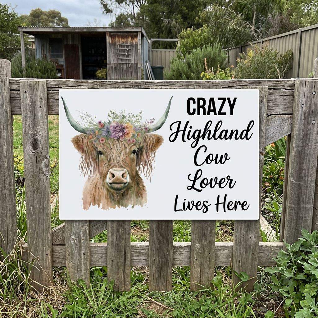 Opaque white Highland cow sign on a weathered garden gate