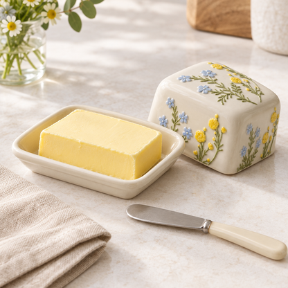 Open floral butter dish with lid beside it