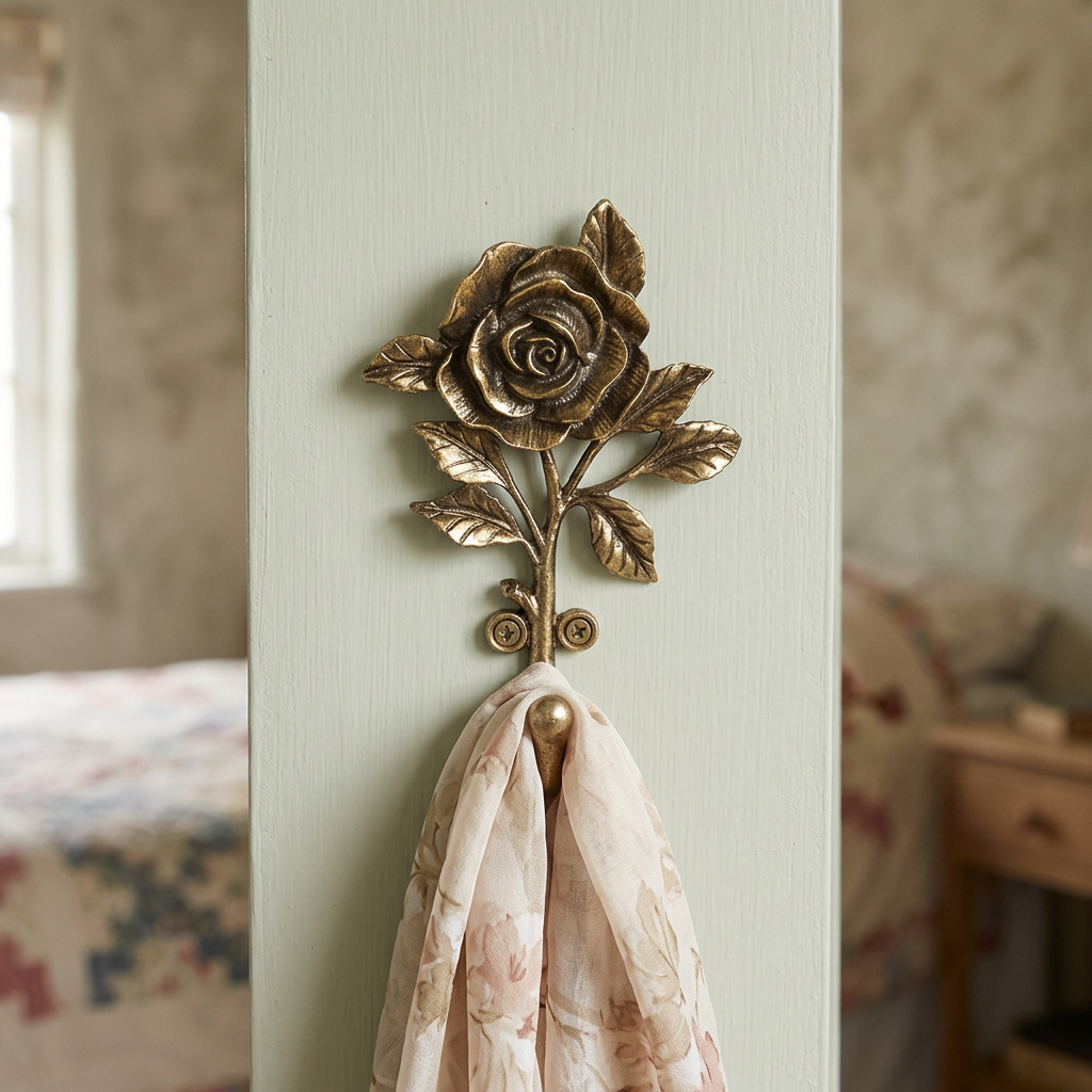 Open rose wall hook in a cottage bedroom