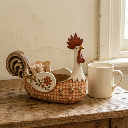 Orange-red rooster caddy on a country sideboard