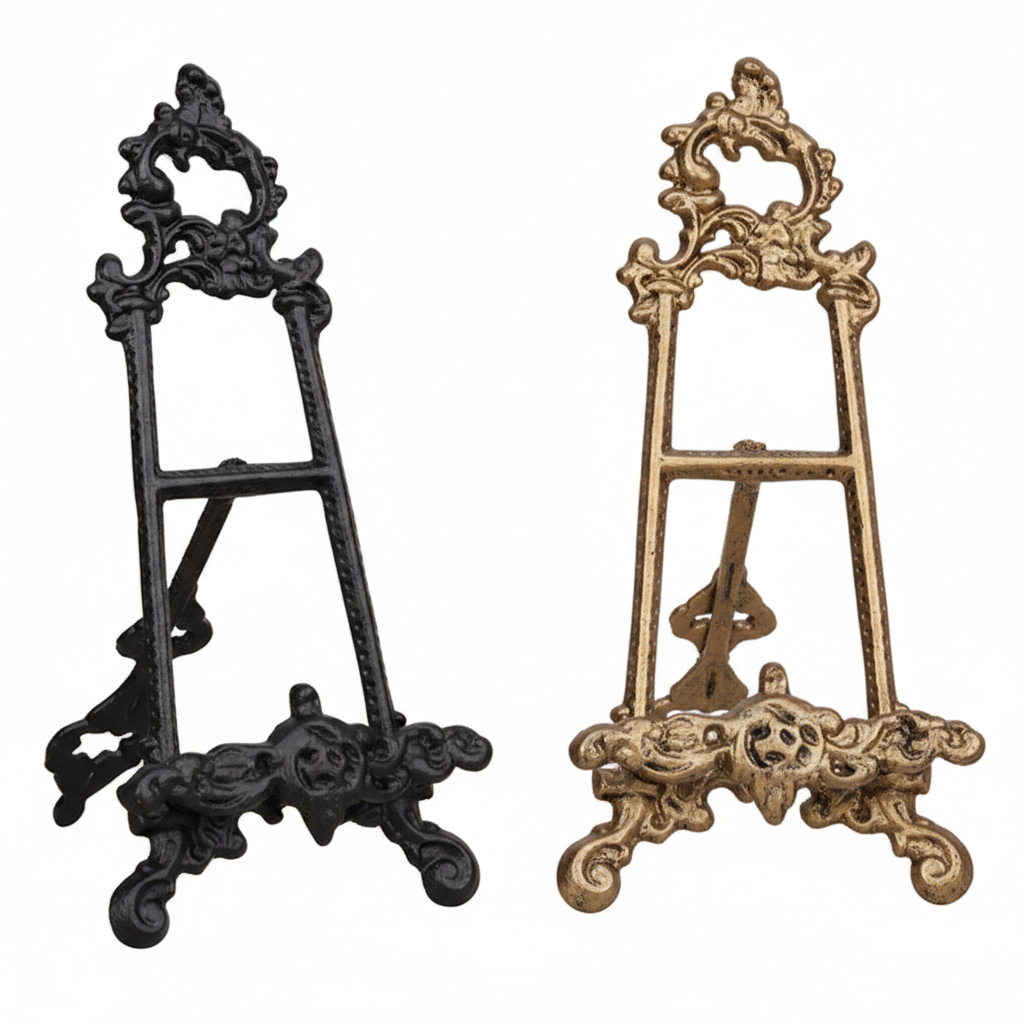 Ornate Cast Iron Easel Stand — Antique Black & Gold