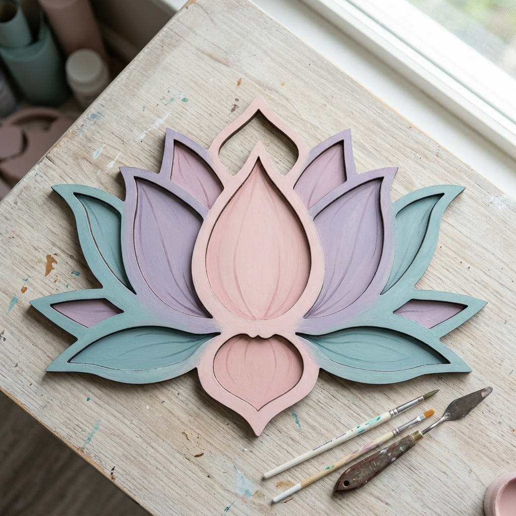 Ornate lotus painted in blush, lavender and teal