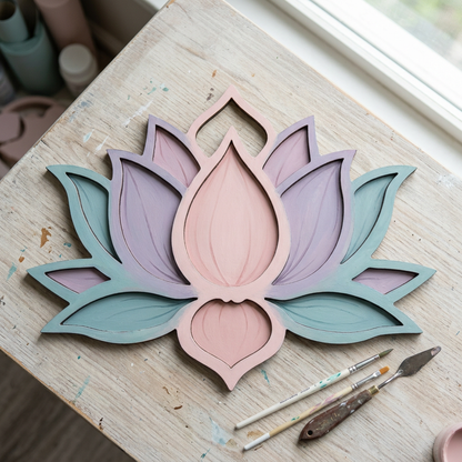 Ornate lotus painted in blush, lavender and teal
