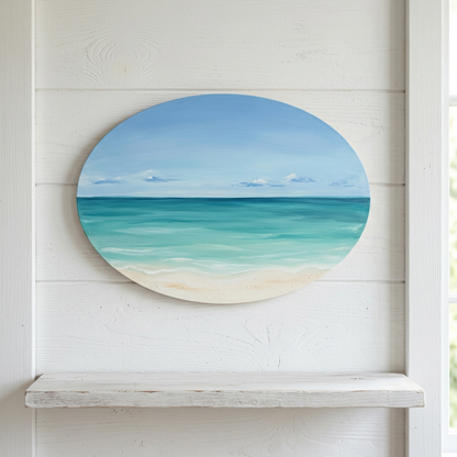 Oval MDF panel with a coastal ocean painting