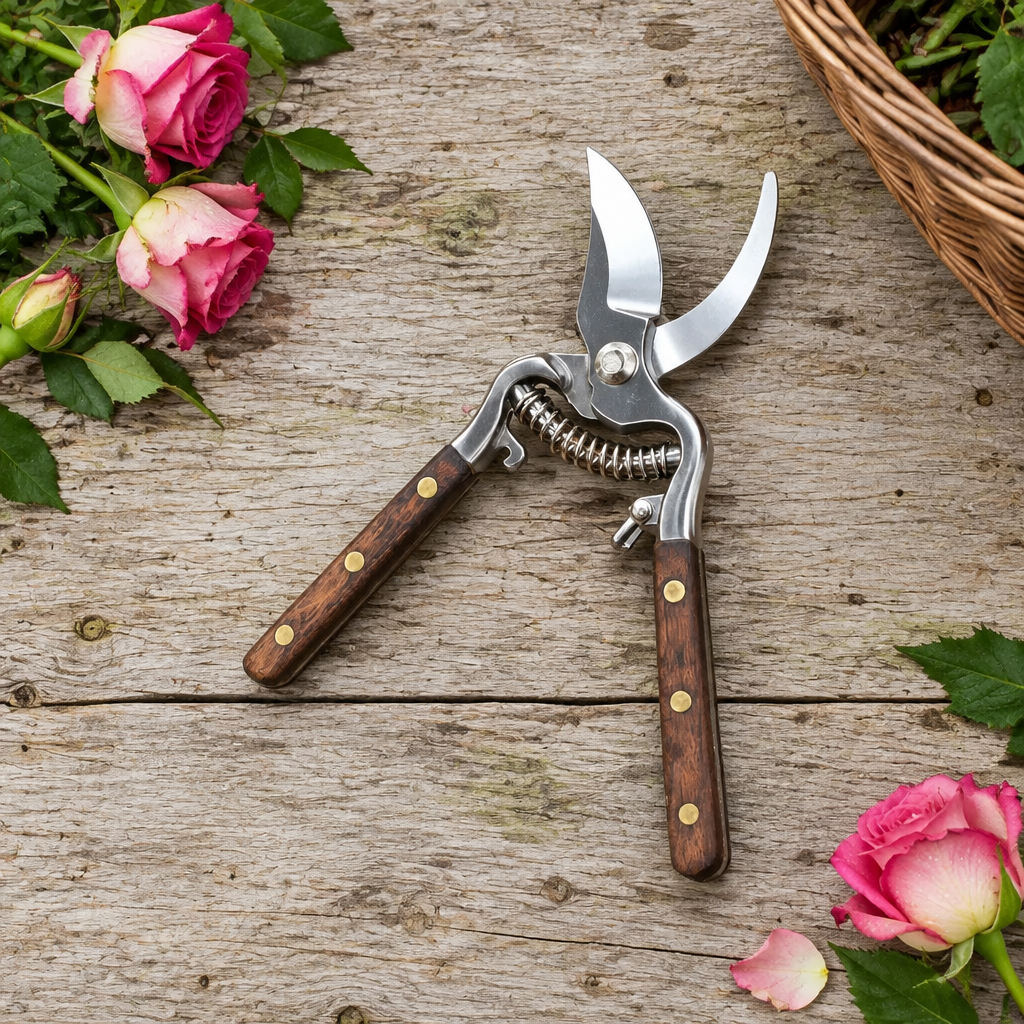 Overhead view of secateurs on a table beside roses