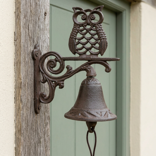 Owl cast iron doorbell at a timber cottage doorway