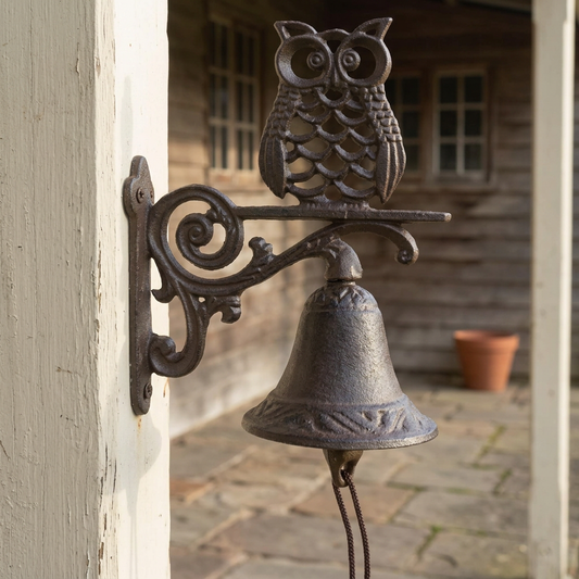 Owl cast iron doorbell on a painted cottage verandah post