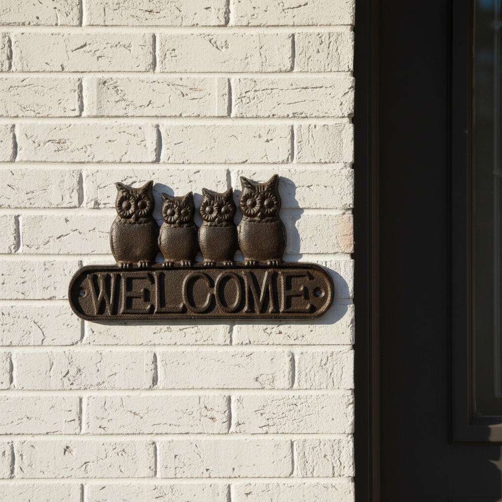 Owl Welcome Sign - Wall Close Up