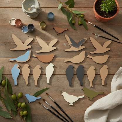 Painted 16-piece MDF bird craft set