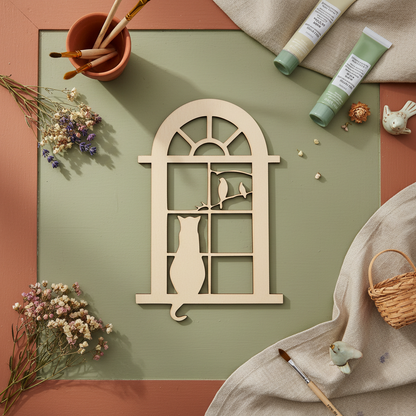Painted bird-and-cat window MDF shape on a cottage craft table