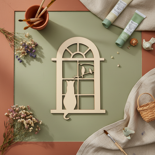 Painted bird-and-cat window MDF shape on a cottage craft table