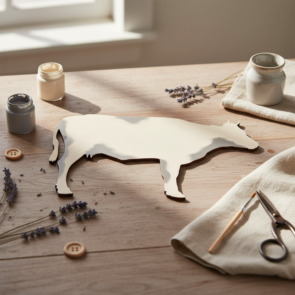 Painted cow MDF shape on a farmhouse craft table
