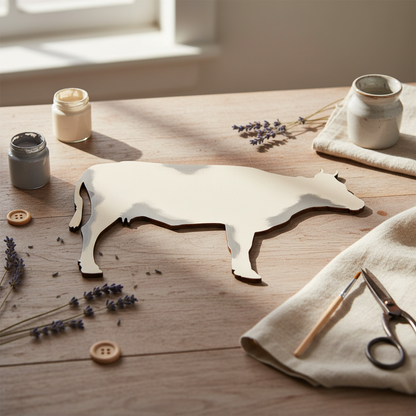 Painted cow MDF shape on a farmhouse craft table