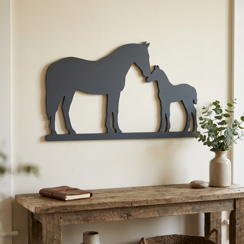 Painted mare and foal used as country wall decor