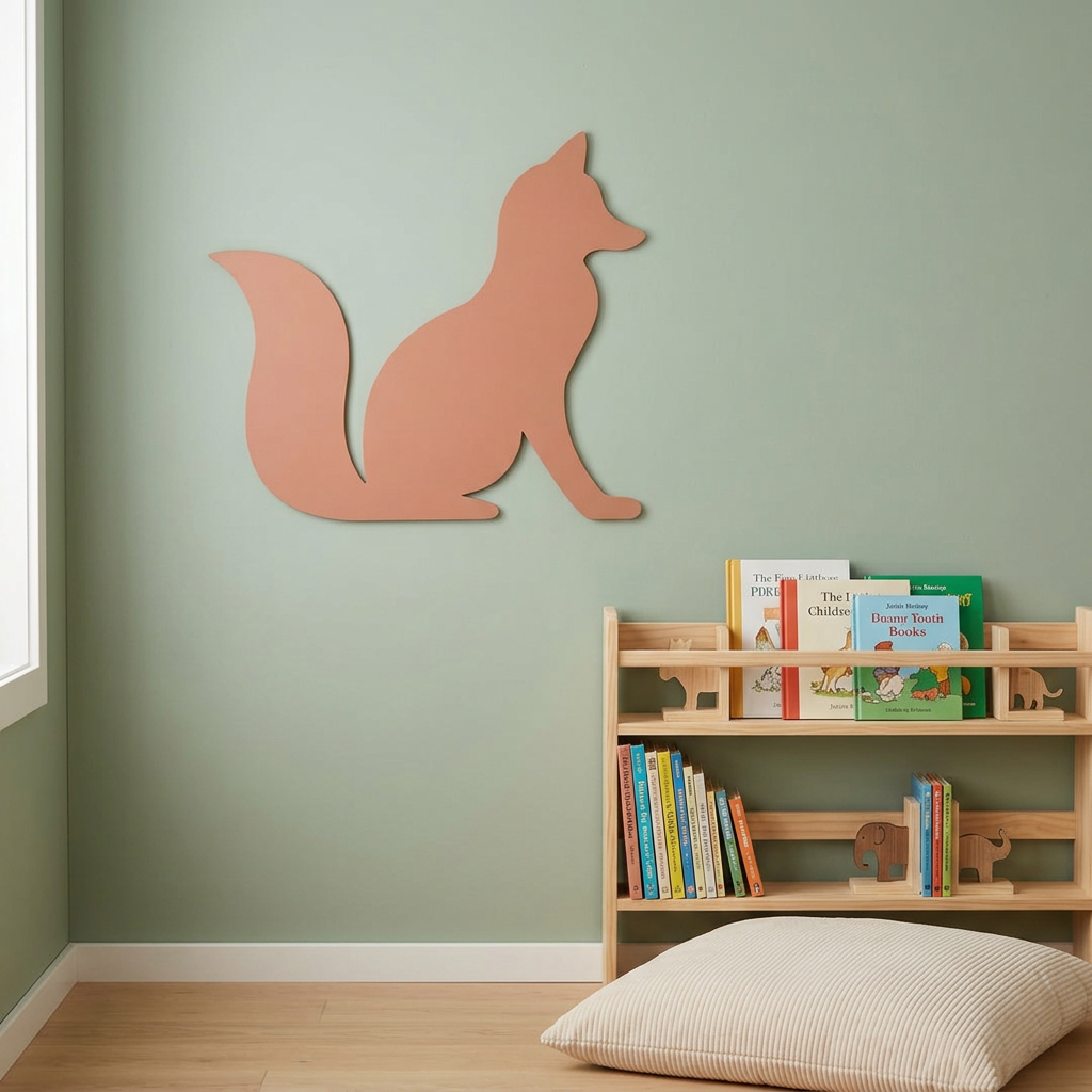 Painted MDF fox beside a kids bedroom reading nook