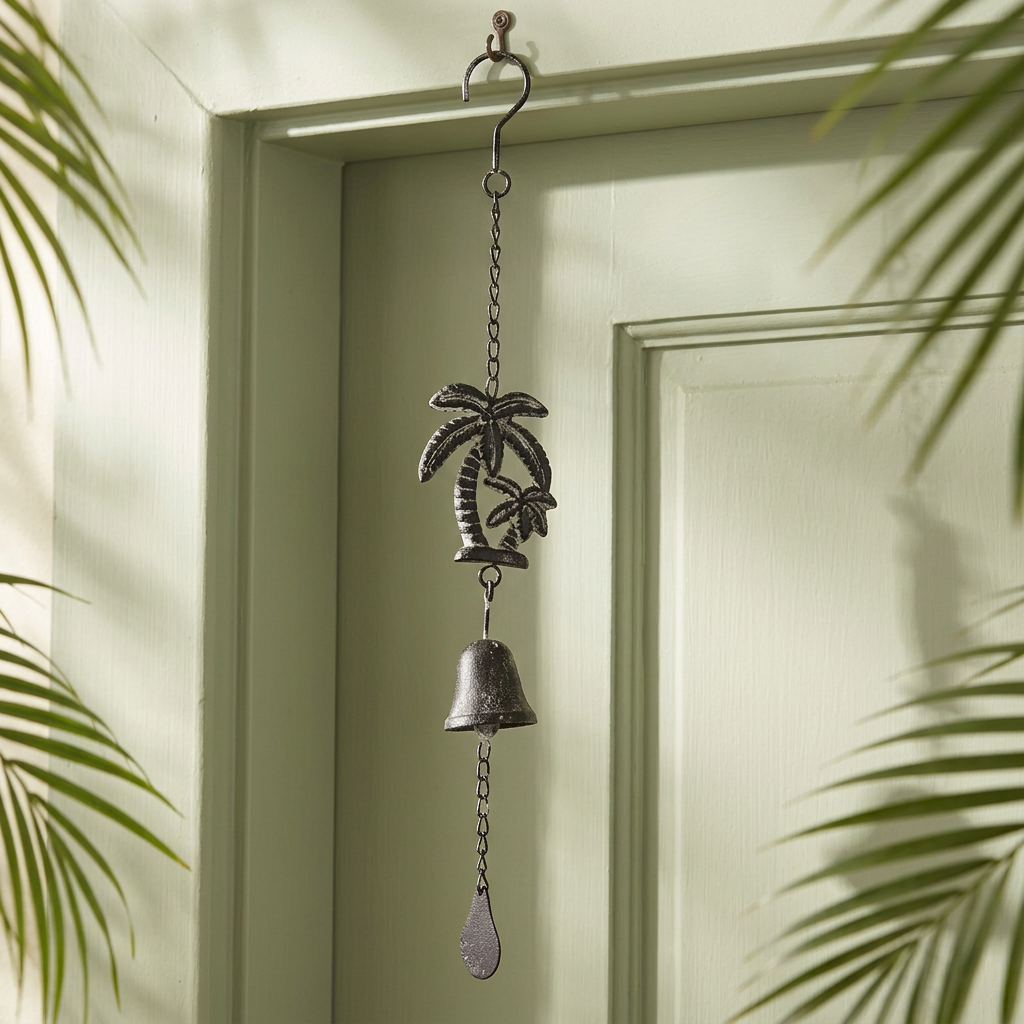 Palm tree cast iron bell beside a sage cottage door