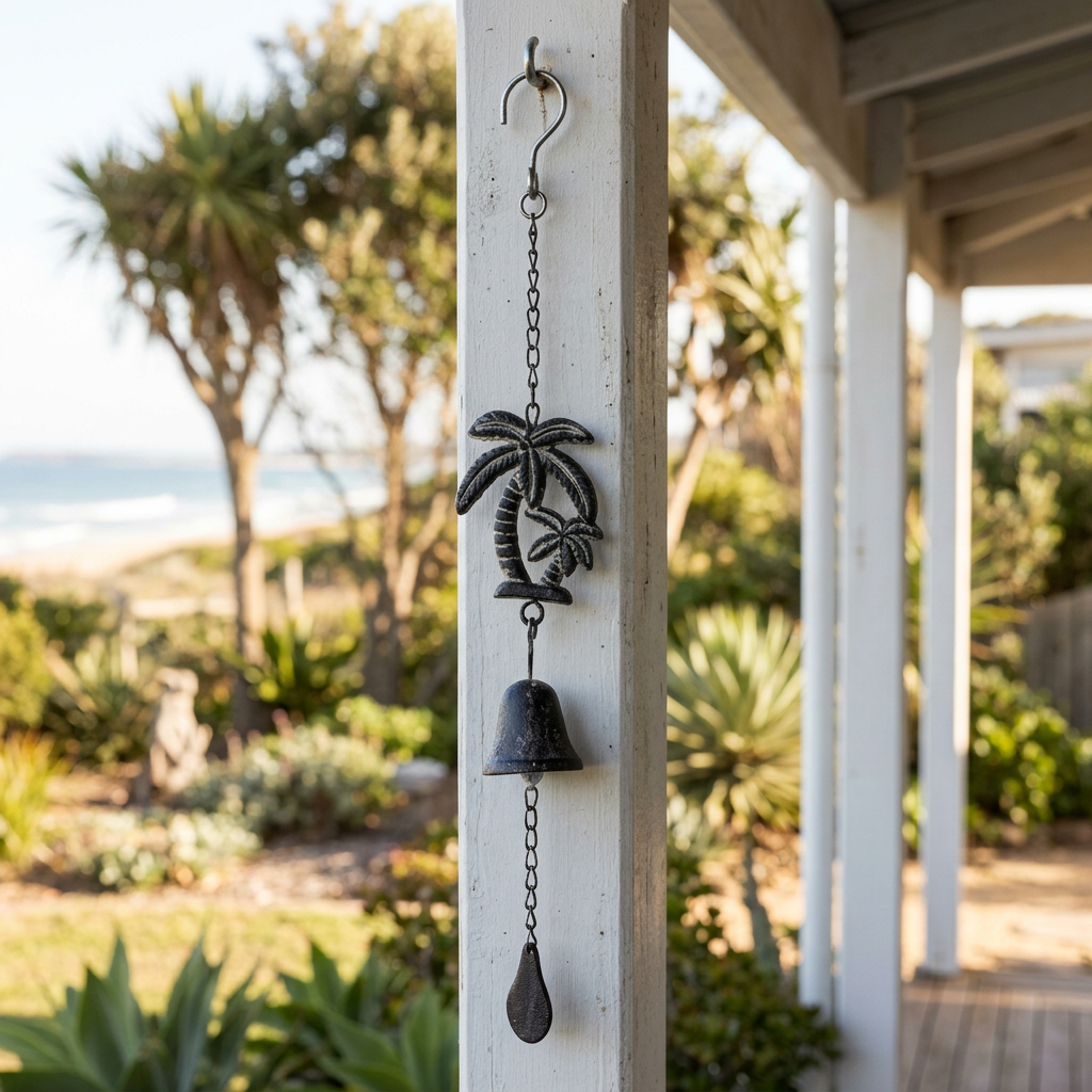 Palm tree cast iron bell on a beach-house verandah
