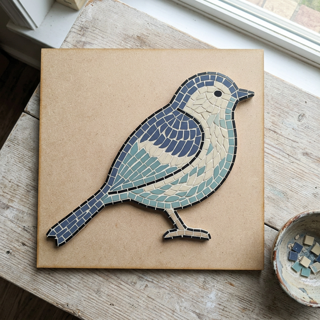 Perched songbird mosaic artwork on a backing board