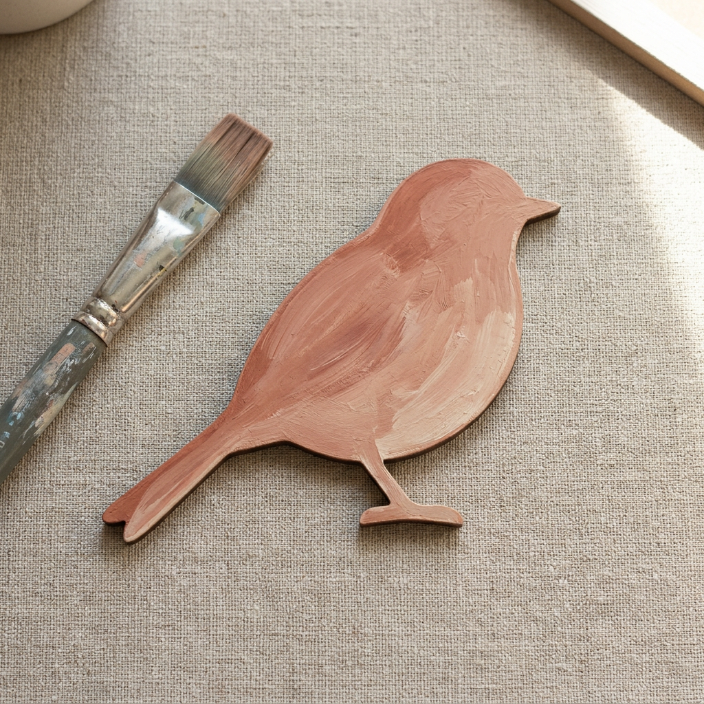 Perched songbird painted terracotta and cream