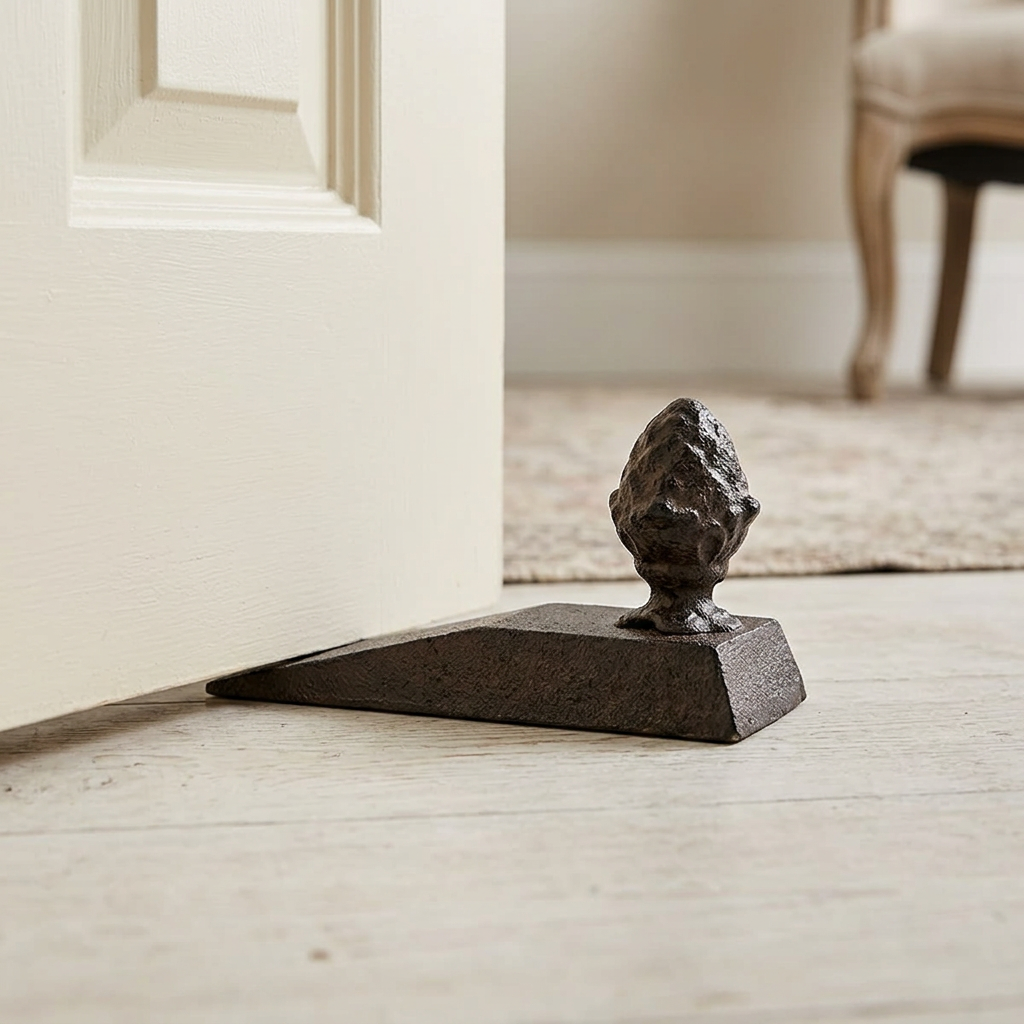 Pine cone doorstop in a cottage doorway