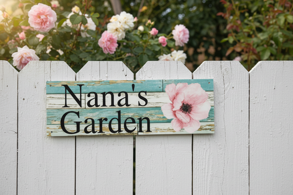 Pink Flower Sign Garden Fence