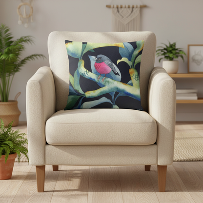 Pink Robin cushion — cream armchair lifestyle