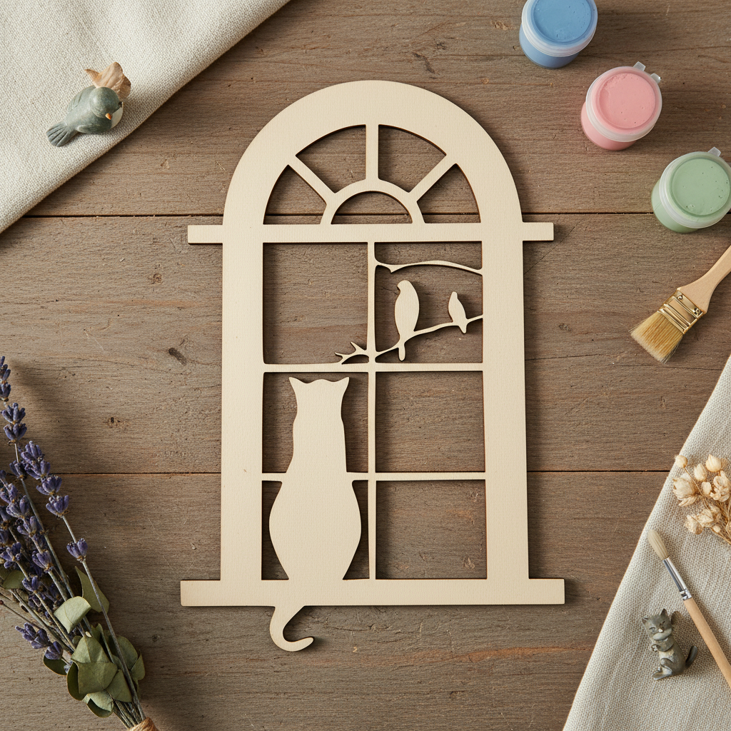 Plain MDF bird-and-cat window shape on a cottage craft table