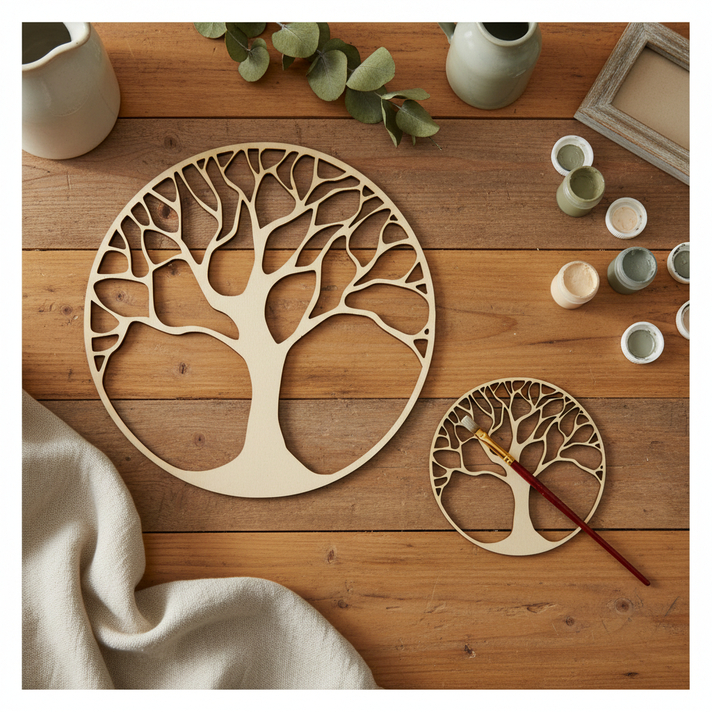 Plain MDF Tree of Life set of 2 on a farmhouse craft table