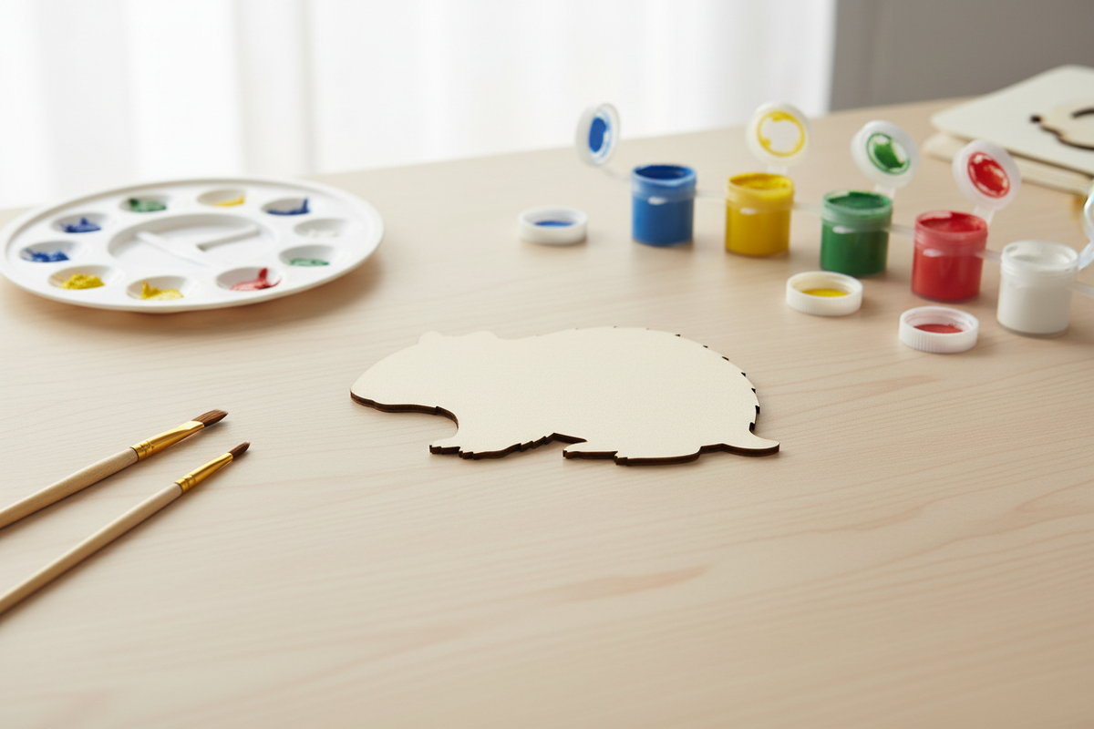 Plain MDF wombat lying flat on a craft table