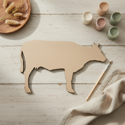 Plain raw MDF cow shape on a farmhouse craft table