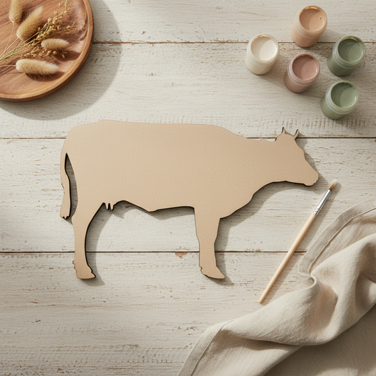 Plain raw MDF cow shape on a farmhouse craft table