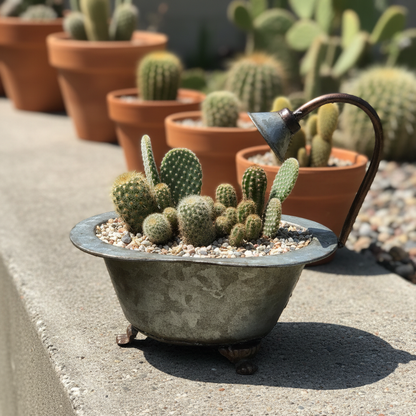 Planted with small cacti on a sunny patio ledge