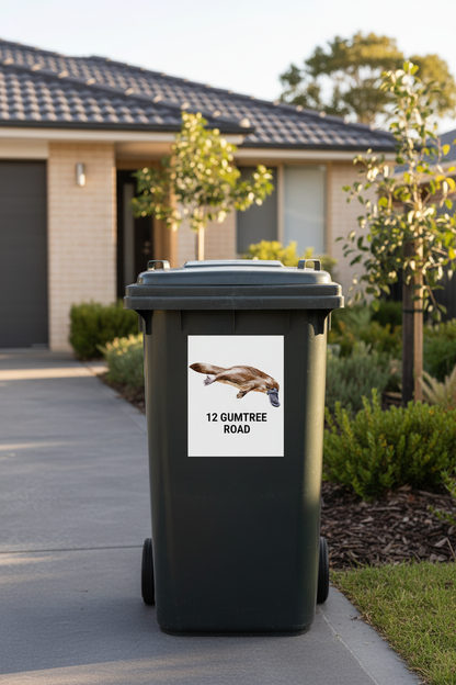Platypus personalised address sticker on a wheelie bin