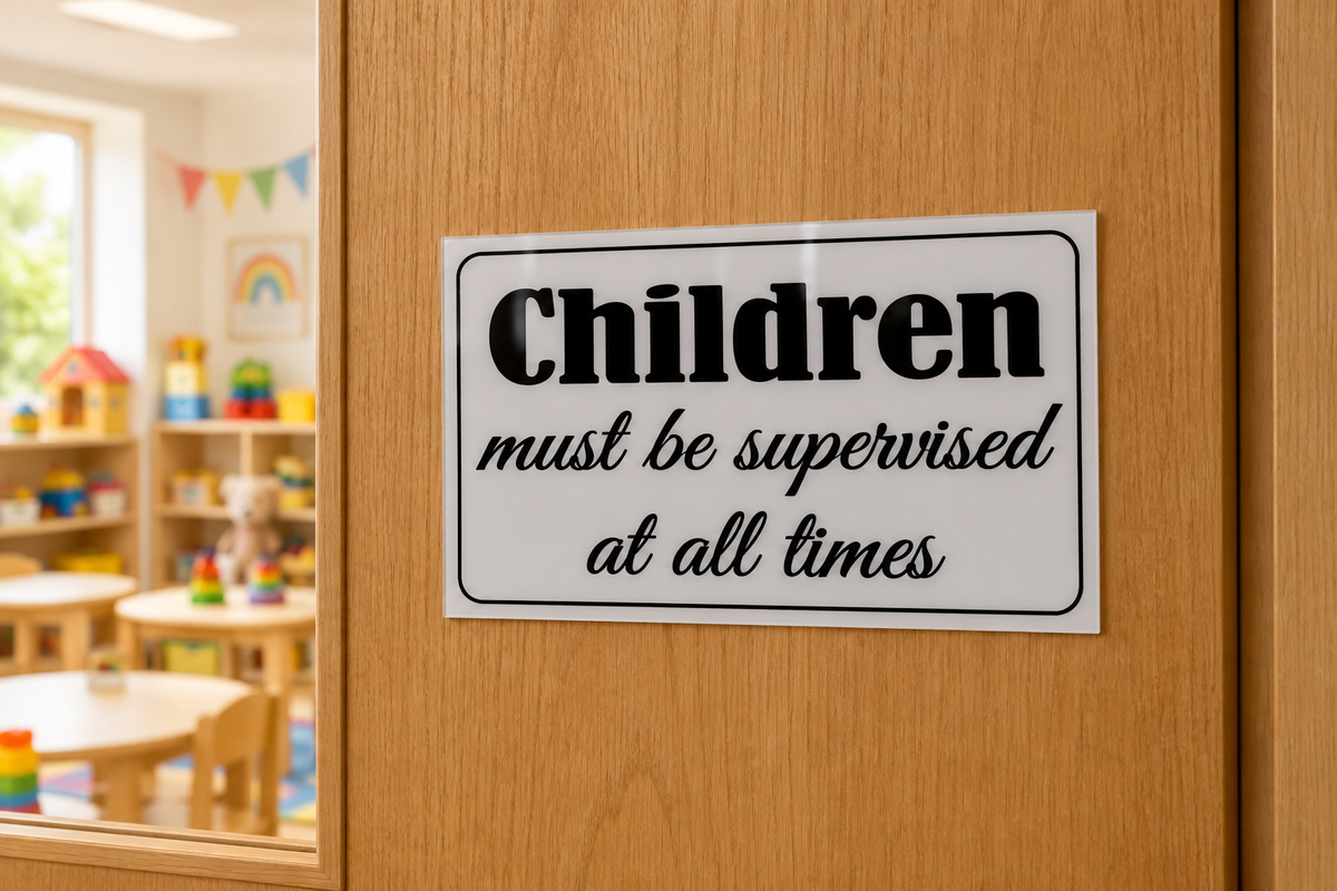 Playroom/childcare door display, square corners