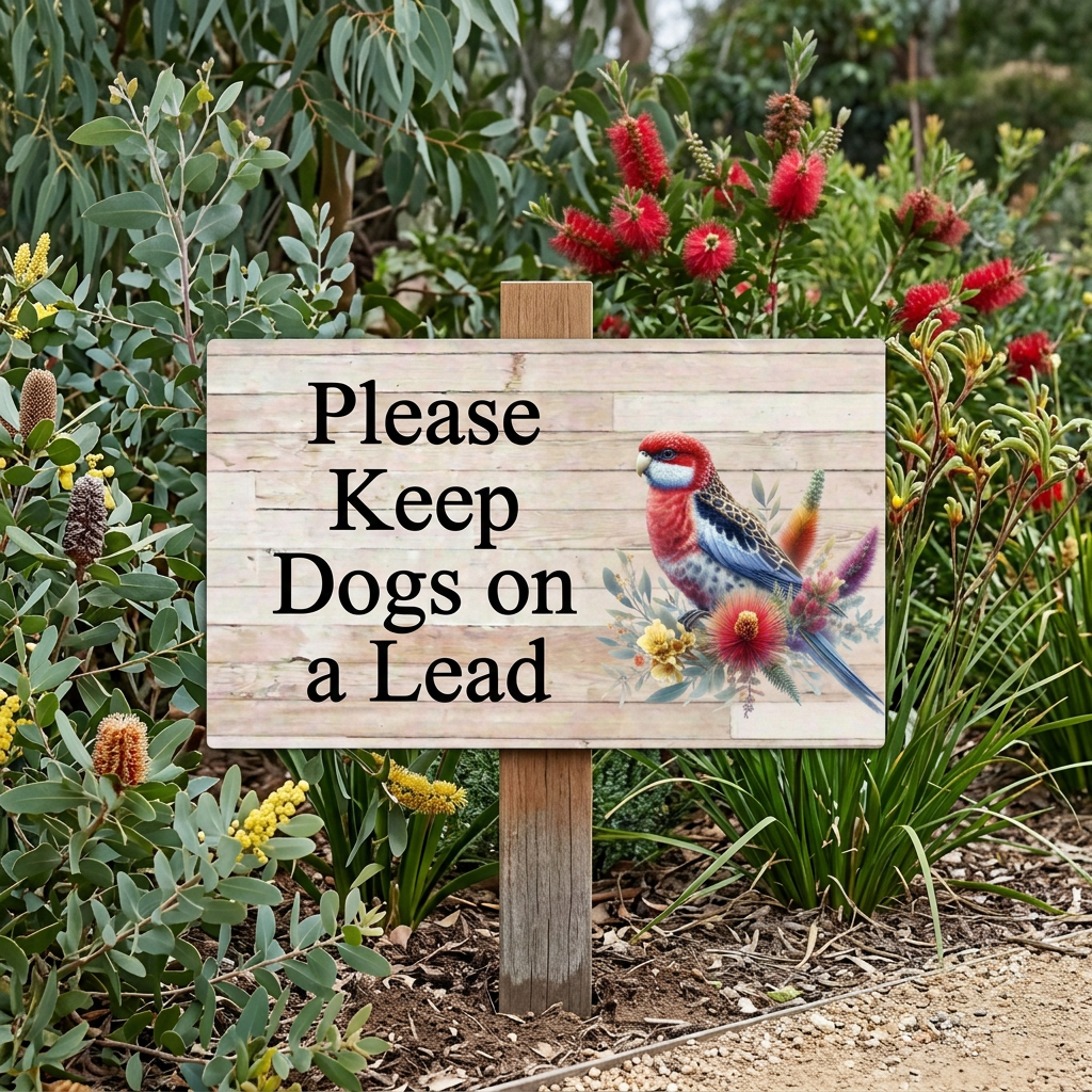 Please Keep Dogs on a Lead rosella sign on a stake in an Australian native garden