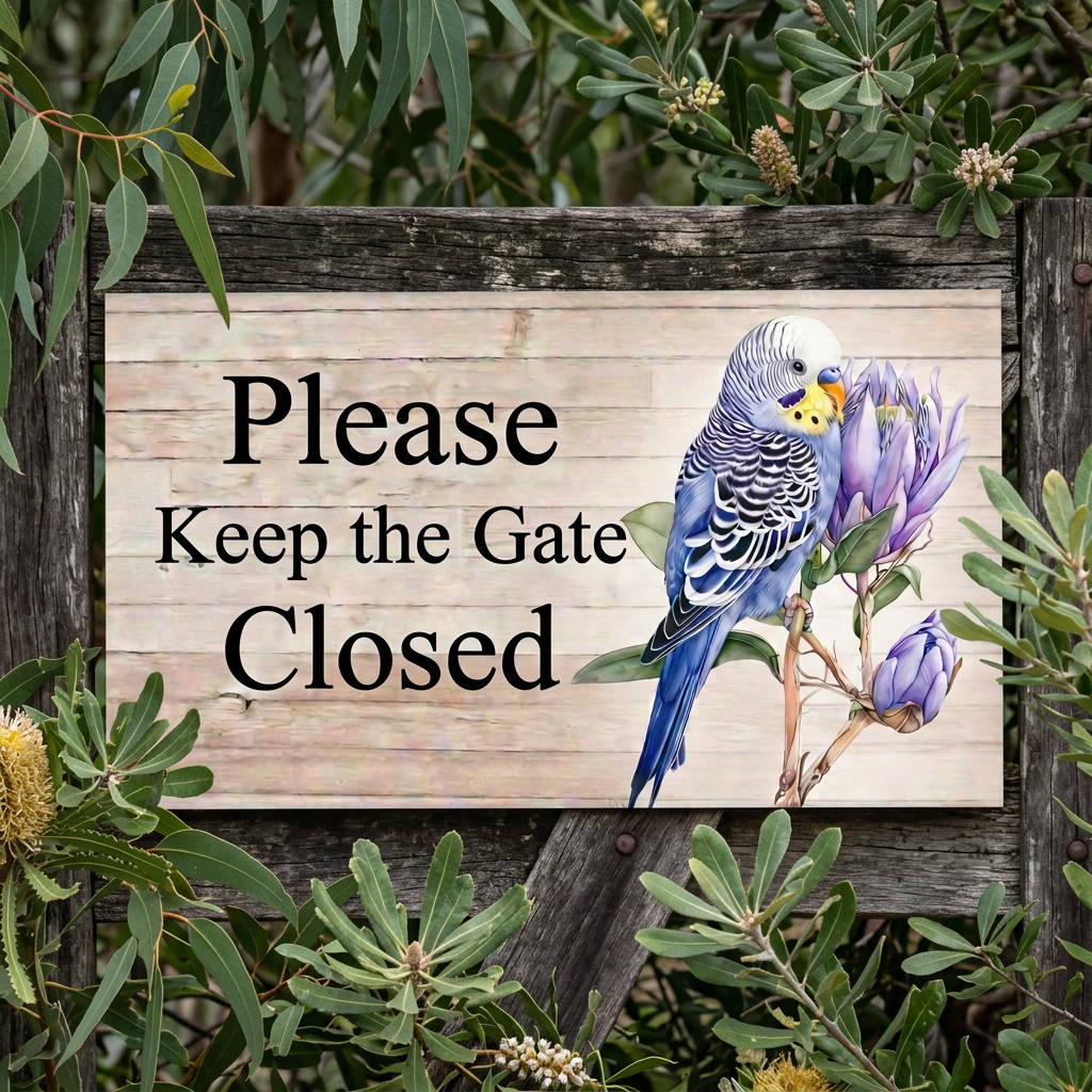 Please Keep the Gate Closed blue budgie sign