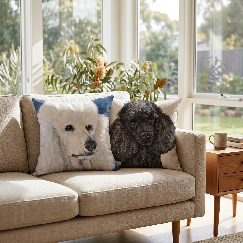 Poodle cushions styled on a neutral sofa
