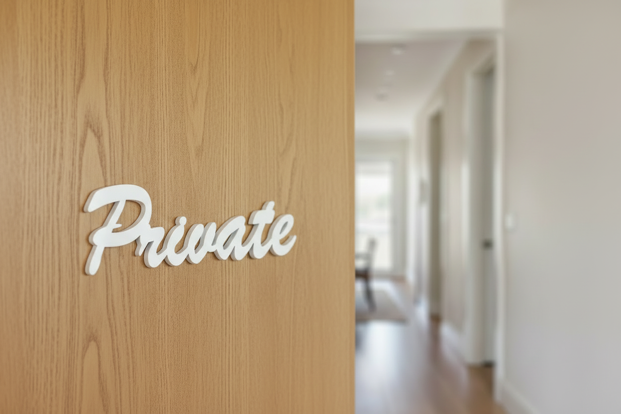 Private Sign White on Timber Door