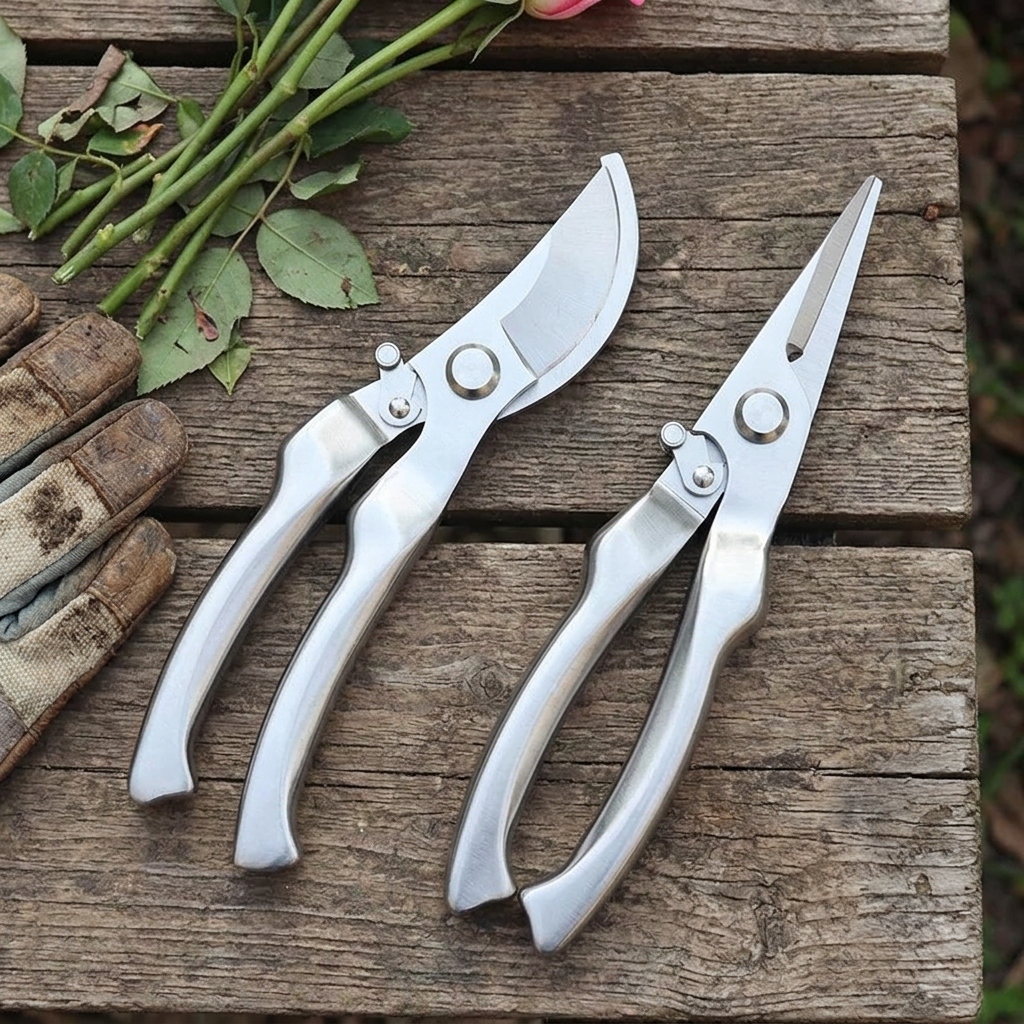 Pruning tools resting on a garden table