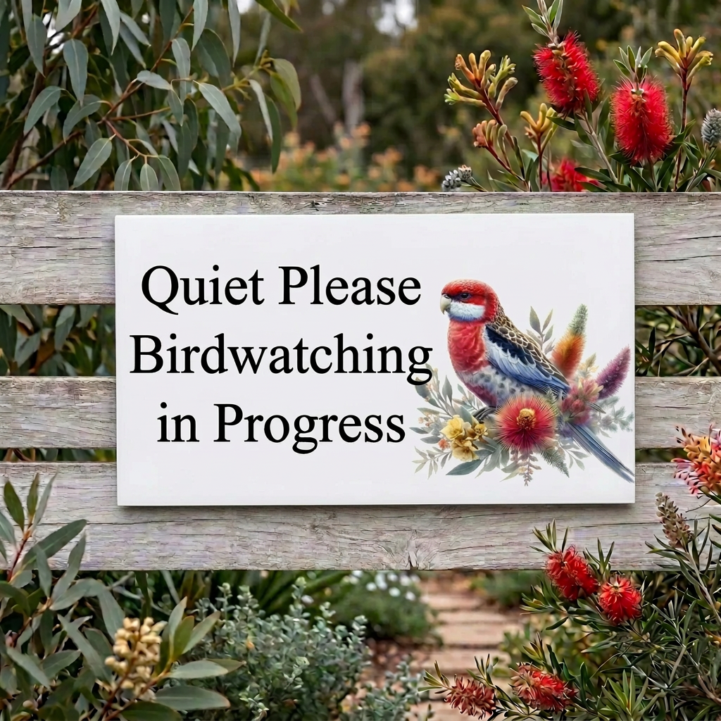 Quiet Please — Birdwatching in Progress rosella sign in a native garden