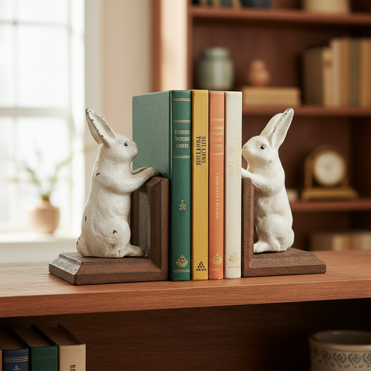 Rabbit Bookends on Bookshelf