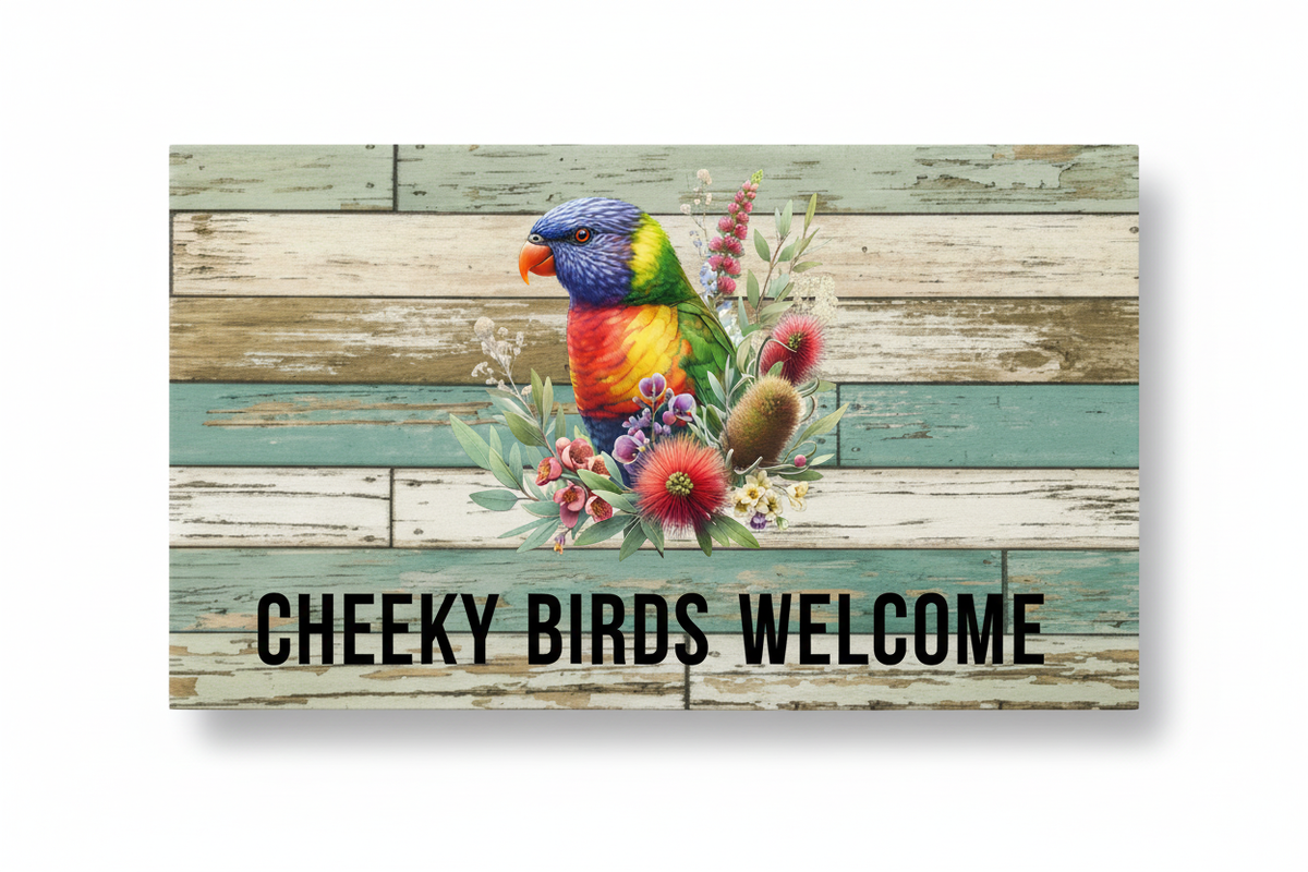 Rainbow lorikeet rustic blue timber sign mockup reading Cheeky Birds Welcome