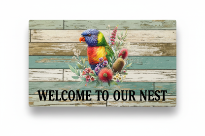 Rainbow lorikeet rustic blue timber sign mockup reading Welcome to Our Nest