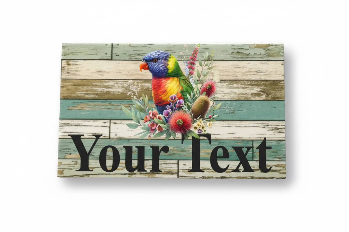Rainbow lorikeet rustic blue timber sign mockup reading Your Text