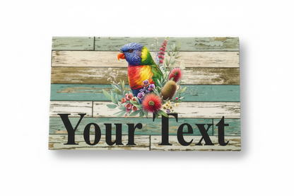 Rainbow lorikeet rustic blue timber sign mockup reading Your Text