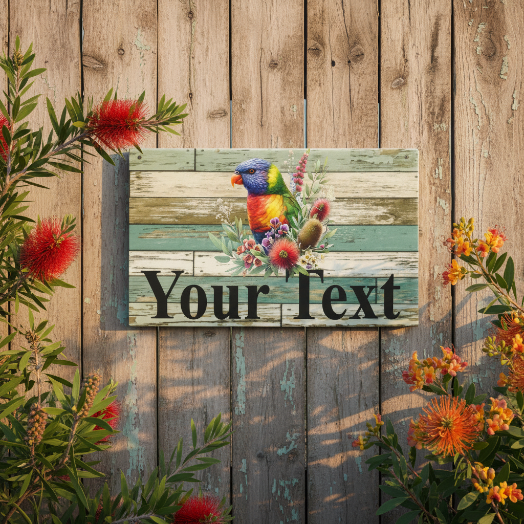 Rainbow lorikeet Your Text weathered timber sign flat on a timber garden fence