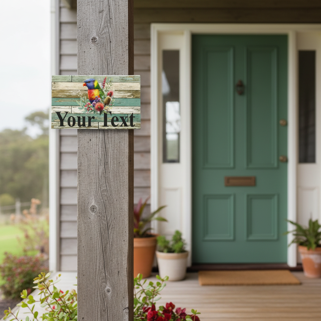 Rainbow lorikeet Your Text weathered timber sign on a veranda post by a green front door